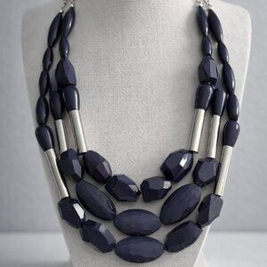 C Wonder Navy Blue Multi-Shape Beaded Statement Necklace – Silver-Tone Accents